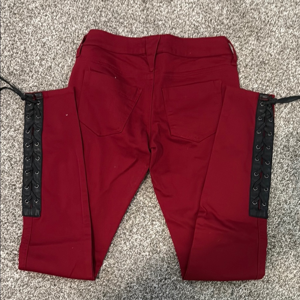 Joan Jett Daang Goodman Red skinny jean with Black Lace-Up Detail